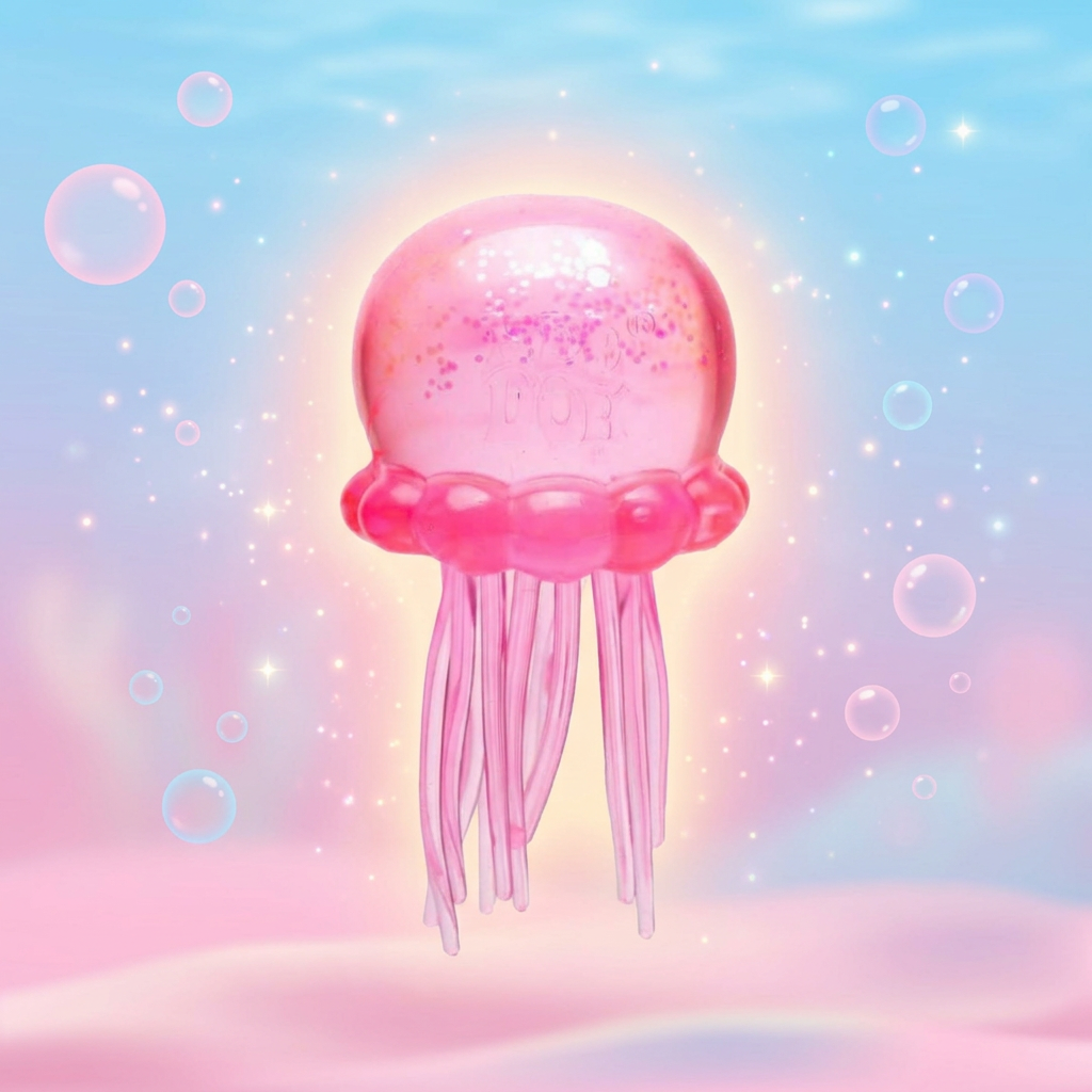 Glittery pink NeeDoh Jelly Squish jellyfish floating in a dreamy bubble scene