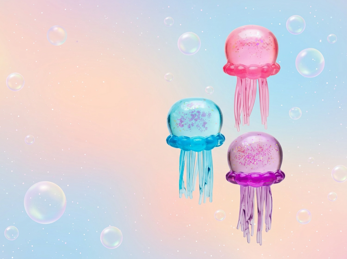 Blue, pink and purple NeeDoh Jelly Squish jellyfish floating in a pastel bubble scene